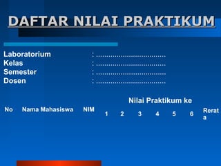 DAFTAR NILAI PRAKTIKUM
Laboratorium
Kelas
Semester
Dosen

: ..................................
: ..................................
: ..................................
: ..................................
Nilai Praktikum ke

No

Nama Mahasiswa

NIM

1

2

3

4

5

6

Rerat
a

 