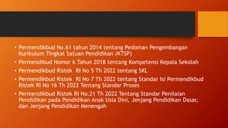 • Permendikbud No.61 tahun 2014 tentang Pedoman Pengembangan
Kurikulum Tingkat Satuan Pendidikan (KTSP)
• Permendibud Nomor 6 Tahun 2018 tentang Kompetensi Kepala Sekolah
• Permendikbud Ristek RI No 5 Th 2022 tentang SKL
• Permendikbud Ristek RI No 7 Th 2022 tentang Standar Isi Permendikbud
Ristek RI No 16 Th 2022 Tentang Standar Proses
• Permendikbud Ristek RI No.21 Th 2022 Tentang Standar Penilaian
Pendidikan pada Pendidikan Anak Usia Dini, Jenjang Pendidikan Dasar,
dan Jenjang Pendidikan Menengah
 