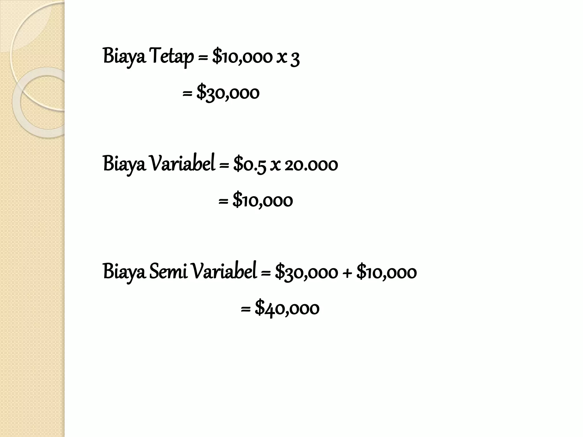Biaya Tetap = $10,000 x 3
= $30,000
Biaya Variabel = $0.5 x 20.000
= $10,000
Biaya Semi Variabel = $30,000 + $10,000
= $40,000
 