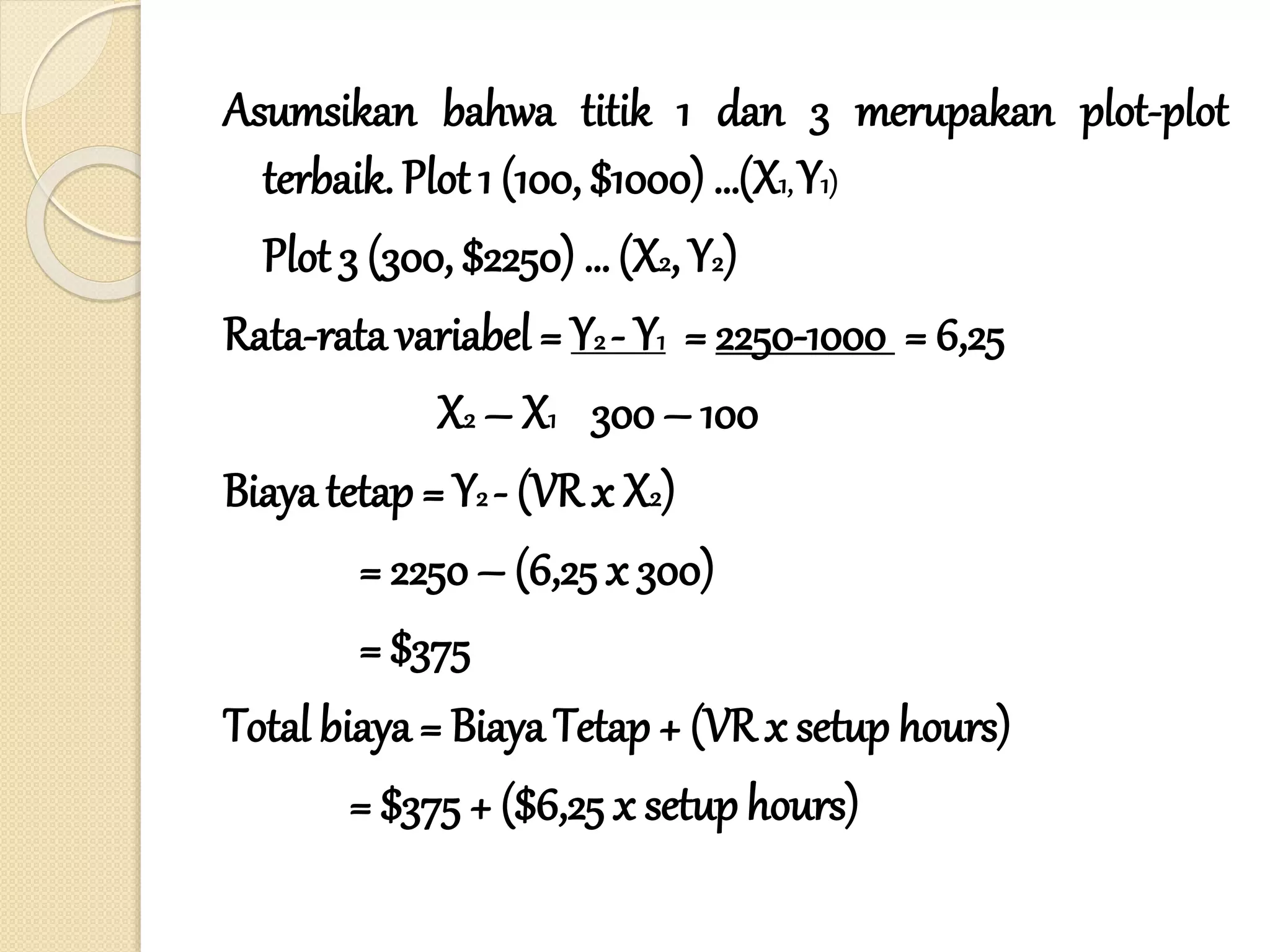 Asumsikan bahwa titik 1 dan 3 merupakan plot-plot
terbaik. Plot 1 (100, $1000) …(X1,Y1)
Plot 3 (300, $2250) … (X2, Y2)
Rata-rata variabel = Y2 - Y1 = 2250-1000 = 6,25
X2 – X1 300 – 100
Biaya tetap = Y2 - (VR x X2)
= 2250 – (6,25 x 300)
= $375
Total biaya = Biaya Tetap + (VR x setup hours)
= $375 + ($6,25 x setup hours)
 