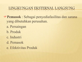 LINGKUNGAN EKSTERNAL LANGSUNG
Pemasok : Sebagai penyediafasilitas dan sarana
yang dibutuhkan perusahan.
a. Persaingan
b. Produk
c. Industri
d. Pemasok
e. Efektivitas Produk

 
