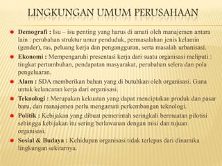 LINGKUNGAN UMUM PERUSAHAAN











Demografi : Isu – isu penting yang harus di amati oleh manajemen antara
lain : perubahan struktur umur penduduk, permasalahan jenis kelamin
(gender), ras, peluang kerja dan pengangguran, serta masalah urbanisasi.
Ekonomi : Mempengaruhi presentasi kerja dari suatu organisasi meliputi :
tingkat pertumbuhan, pendapatan masyarakat, perubahan selera dan pola
pengeluaran.
Alam : SDA memberikan bahan yang di butuhkan oleh organisasi. Guna
untuk kelancaran kerja dari organisasi.
Teknologi : Merupakan kekuatan yang dapat menciptakan produk dan pasar
baru, dan manajemen perlu mengamati perkembangan teknologi.
Politik : Kebijakan yang dibuat pemerintah seringkali bermuatan pilotisi
sehingga kebijakan itu sering berlawanan dengan misi dan tujuan
organisasi.
Sosial & Budaya : Kehidupan organisasi tidak terlepas dari dinamika
lingkungan sekitarnya.

 