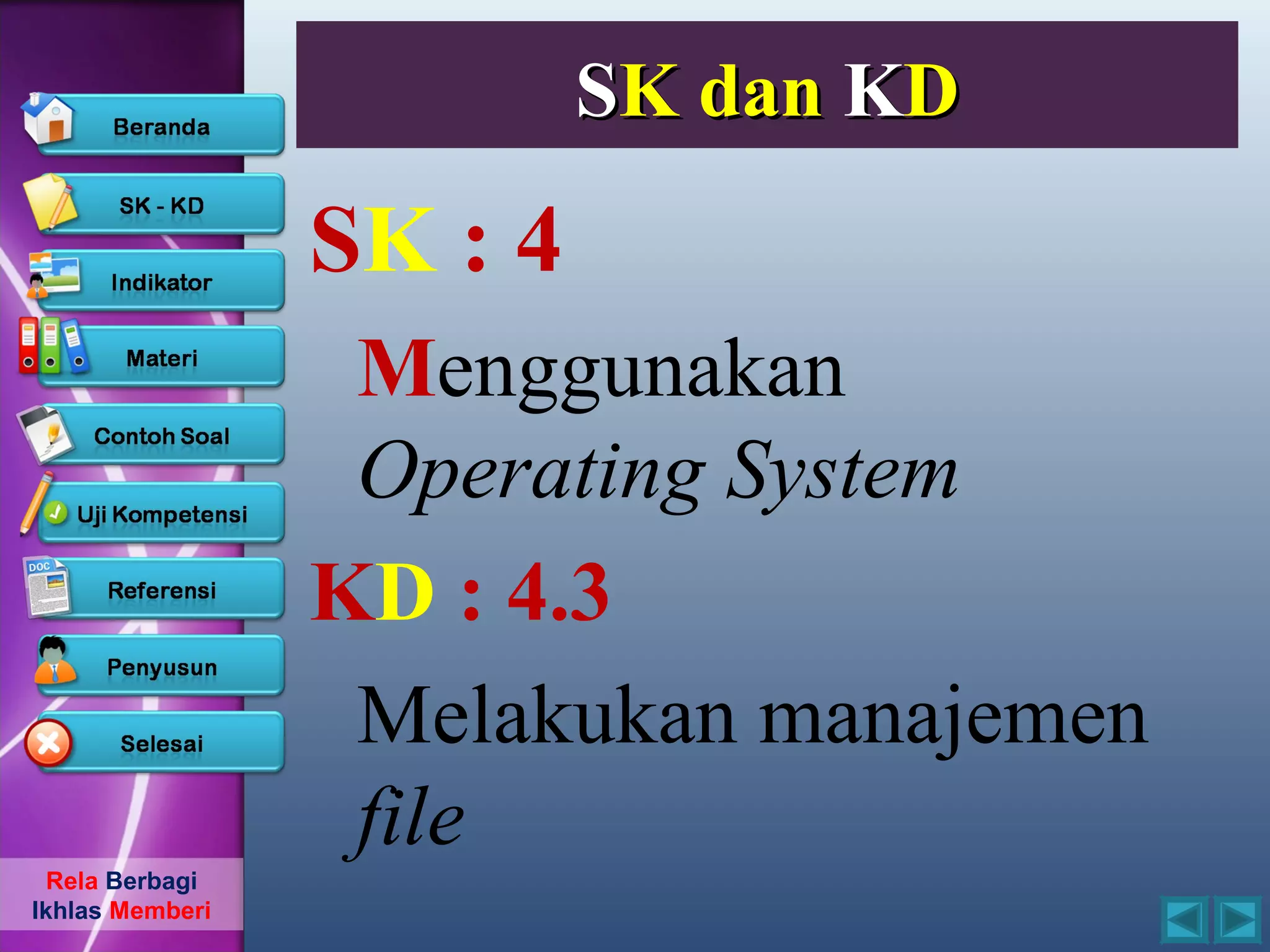 SK dan KD

                 SK : 4
                  Menggunakan
                  Operating System
                 KD : 4.3
                  Melakukan manajemen
                  file
  Rela Berbagi
Ikhlas Memberi
 