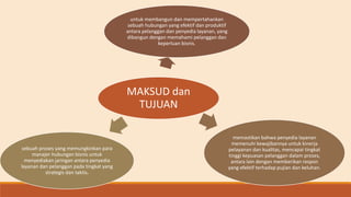 MAKSUD dan
TUJUAN
untuk membangun dan mempertahankan
sebuah hubungan yang efektif dan produktif
antara pelanggan dan penyedia layanan, yang
dibangun dengan memahami pelanggan dan
keperluan bisnis.
memastikan bahwa penyedia layanan
memenuhi kewajibannya untuk kinerja
pelayanan dan kualitas, mencapai tingkat
tinggi kepuasan pelanggan dalam proses,
antara lain dengan memberikan respon
yang efektif terhadap pujian dan keluhan.
sebuah proses yang memungkinkan para
manajer hubungan bisnis untuk
menyediakan jaringan antara penyedia
layanan dan pelanggan pada tingkat yang
strategis dan taktis.
 