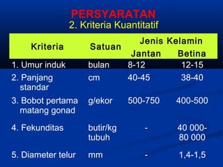 PERSYARATAN
2. Kriteria Kuantitatif
Kriteria Satuan
Jenis Kelamin
Jantan Betina
1. Umur induk bulan 8-12 12-15
2. Panjang
standar
cm 40-45 38-40
3. Bobot pertama
matang gonad
g/ekor 500-750 400-500
4. Fekunditas butir/kg
tubuh
-- 40 000-
80 000
5. Diameter telur mm -- 1,4-1,5
 