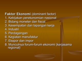 Faktor Ekonomi (dominant factor)
1. Kebijakan perekonomian nasional
2. Bidang moneter dan fiscal
3. Kesempatan dan lapangan kerja
4. Industri
5. Perdagangan
6. Kegiatan manufaktur
7. Ekspor dan impor
8. Munculnya forum-forum ekonomi (kerjasama
  regional)
 