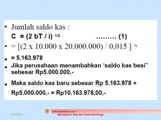 www.stiekesatuan.ac.id 
11/21/2014 Manajemen Kas dan Surat Berharga 
 