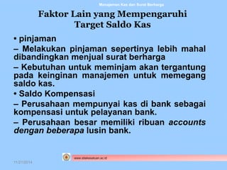 Faktor Lain yang Mempengaruhi 
Target Saldo Kas 
• pinjaman 
– Melakukan pinjaman sepertinya lebih mahal 
dibandingkan menjual surat berharga 
– Kebutuhan untuk meminjam akan tergantung 
pada keinginan manajemen untuk memegang 
saldo kas. 
• Saldo Kompensasi 
– Perusahaan mempunyai kas di bank sebagai 
kompensasi untuk pelayanan bank. 
– Perusahaan besar memiliki ribuan accounts 
dengan beberapa lusin bank. 
11/21/2014 
Manajemen Kas dan Surat Berharga 
www.stiekesatuan.ac.id 
