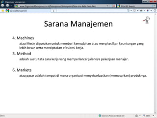 Sarana Manajemen 4. Machines atau Mesin digunakan untuk memberi kemudahan atau menghasilkan keuntungan yang lebih besar serta menciptakan efesiensi kerja. 5. Method adalah suatu tata cara kerja yang memperlancar jalannya pekerjaan manajer.  6. Markets atau pasar adalah tempat di mana organisasi menyebarluaskan (memasarkan) produknya.  Sarana Manajemen Organisasi Manajemen www.OrganisasiManajemen.co.id/Manajemen/Kelompok-4/Nisa-Icca-Bella-Femi-Rani SI-34-01 Search + w 