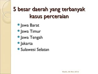 5 besar daerah yang terbanyak
       kasus perceraian
 Jawa Barat
 Jawa Timur
 Jawa Tengah
 Jakarta
 Sulawesi Selatan




                     Malili, 08 Mei 2012
 