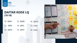 DAFTAR KODE LQ
(10-18)
10. BBNI
11. BBRI
12. BBTN
13. BMRI
14. BRIS
15. BRPT
16. BUKA
17. CPIN
18. ESSA
 