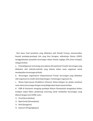 Dari dasar hasil penelitian yang dilakukan oleh Donald Cressey, memunculkan 
banyak pendapat-pendapat lain yang kian beragam, salhsatunya Ramos (2003) 
menggambarkan penyebab kecurangan dalam bentuk segitiga (The fraud triangle), 
sebagai berikut: 
a. Penyalahgunaan wewenang atau jabatan (Occupational Frauds): kecurangan yang 
dilakukan oleh individu-individu yang bekerja dalam suatu organisasi untuk 
mendapatkan keuntungan pribadi. 
b. Kecurangan organisatoris (Organisational Fraud): kecurangan yang dilakukan 
oleh organisasi itu sendiri demi kepentingan / keuntungan organisasi itu. 
c. Skema kepercayaan (Confidence Schemes). Dalam kategori ini, pelaku membuat 
suatu skema kecurangan dengan menyalahgunakan kepercayaan korban. 
d. CKM dr Kurtiyono mengutip pendapat Riduan Simanjuntak mengatakan bahwa 
terdapat empat faktor pendorong seseorang untuk melakukan kecurangan, yang 
dikenal dengan teori GONE, yaitu : 
1) Greed (keserakahan) 
2) Opportunity (kesempatan) 
3) Need (keinginan) 
4) Exposure (Pengungkapan) 
 