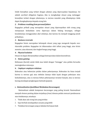 Inilah kewajiban yang terkait dengan jabatan yang dipercayakan kepadanya. Ini 
adalah ascribed obligation baginya. Jika ia menghadapi situasi yang melanggar 
kewajiban terkait dengan jabatannya, ia merasa masalah yang dihadapinya tidak 
dapat diungkapkannya kepada orang lain. 
2. Problems resulting from personal failure 
Kegagalan pribadi yang merupakan situasi yang dipersepsikan oleh orang yang 
mempunyai kedudukan serta dipercaya dalam bidang keuangan, sebagai 
kesalahannya menggunakan akal sehatnya, dan karena itu menjadi tanggung jawab 
pribadinya. 
3. Business reversals 
Kegagalan bisnis merupakan kelompok situasi yang juga mengarah kepada non-shareable 
problem. Kegagalan ini dikarenakan oleh inflasi yang tinggi, atau krisis 
moneter, atau ekonomi, dan tingkat bunga yang tinggi. 
4. Physical isolation 
Situasi ini dapat diterjemahkan sebagai keterpurukan dalam kesendirian. 
5. Status gaining 
Kebiasaan (buruk) untuk tidak mau kalah dengan “tetangga” atau pelaku berusaha 
meningkatkan statusnya. 
6. Employer-employee relations 
Kekesalan atau kebencian pelaku dalam pekerjaannya. Kekesalan itu biasa terjadi 
karena ia merasa gaji atau imbalan lainnya tidak layak dengan pekerjaan atau 
kedudukannya, atau ia merasa beban pekerjaannya teramat banyak, atau ia merasa 
kurang mendapat penghargaan batiniah (pujian). 
c. Rationalization (Justifikasi Melakukan Kecurangan) 
Rationalisasi adalah komponen kecurangan yang paling krusial. Rasionalisasi 
menjadi elemen penting dalam terjadinya fraud, dimana pelaku mencari pembenaran 
atas tindakannya, misalnya: 
1. Tidak akan ada orang lain yang terluka 
2. Saya berhak mendapatkan sesuatu yang lebih 
3. Tindakan kecurangan yang ia lakukan bertujuan baik 
 