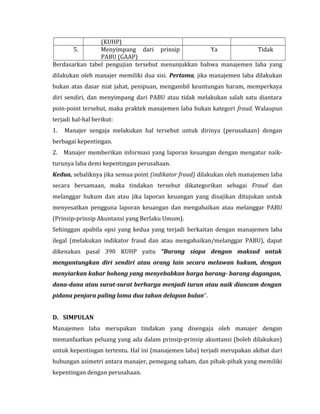 (KUHP) 
5. Menyimpang dari prinsip 
PABU (GAAP) 
Ya Tidak 
Berdasarkan tabel pengujian tersebut menunjukkan bahwa manajemen laba yang 
dilakukan oleh manajer memiliki dua sisi. Pertama, jika manajemen laba dilakukan 
bukan atas dasar niat jahat, penipuan, mengambil keuntungan haram, memperkaya 
diri sendiri, dan menyimpang dari PABU atau tidak melakukan salah satu diantara 
poin-point tersebut, maka praktek manajemen laba bukan kategori fraud. Walaupun 
terjadi hal-hal berikut: 
1. Manajer sengaja melakukan hal tersebut untuk dirinya (perusahaan) dengan 
berbagai kepentingan. 
2. Manajer memberikan informasi yang laporan keuangan dengan mengatur naik-turunya 
laba demi kepentingan perusahaan. 
Kedua, sebaliknya jika semua point (indikator fraud) dilakukan oleh manajemen laba 
secara bersamaan, maka tindakan tersebut dikategorikan sebagai Fraud dan 
melanggar hukum dan atau jika laporan keuangan yang disajikan ditujukan untuk 
menyesatkan pengguna laporan keuangan dan mengabaikan atau melanggar PABU 
(Prinsip-prinsip Akuntansi yang Berlaku Umum). 
Sehinggan apabila opsi yang kedua yang terjadi berkaitan dengan manajemen laba 
ilegal (melakukan indikator fraud dan atau mengabaikan/melanggar PABU), dapat 
dikenakan pasal 390 KUHP yaitu “Barang siapa dengan maksud untuk 
menguntungkan diri sendiri atau orang lain secara melawan hukum, dengan 
menyiarkan kabar bohong yang menyebabkan harga barang- barang dagangan, 
dana-dana atau surat-surat berharga menjadi turun atau naik diancam dengan 
pidana penjara paling lama dua tahun delapan bulan”. 
D. SIMPULAN 
Manajemen laba merupakan tindakan yang disengaja oleh manajer dengan 
memanfaatkan peluang yang ada dalam prinsip-prinsip akuntansi (boleh dilakukan) 
untuk kepentingan tertentu. Hal ini (manajemen laba) terjadi merupakan akibat dari 
hubungan asimetri antara manajer, pemegang saham, dan pihak-pihak yang memiliki 
kepentingan dengan perusahaan. 
 