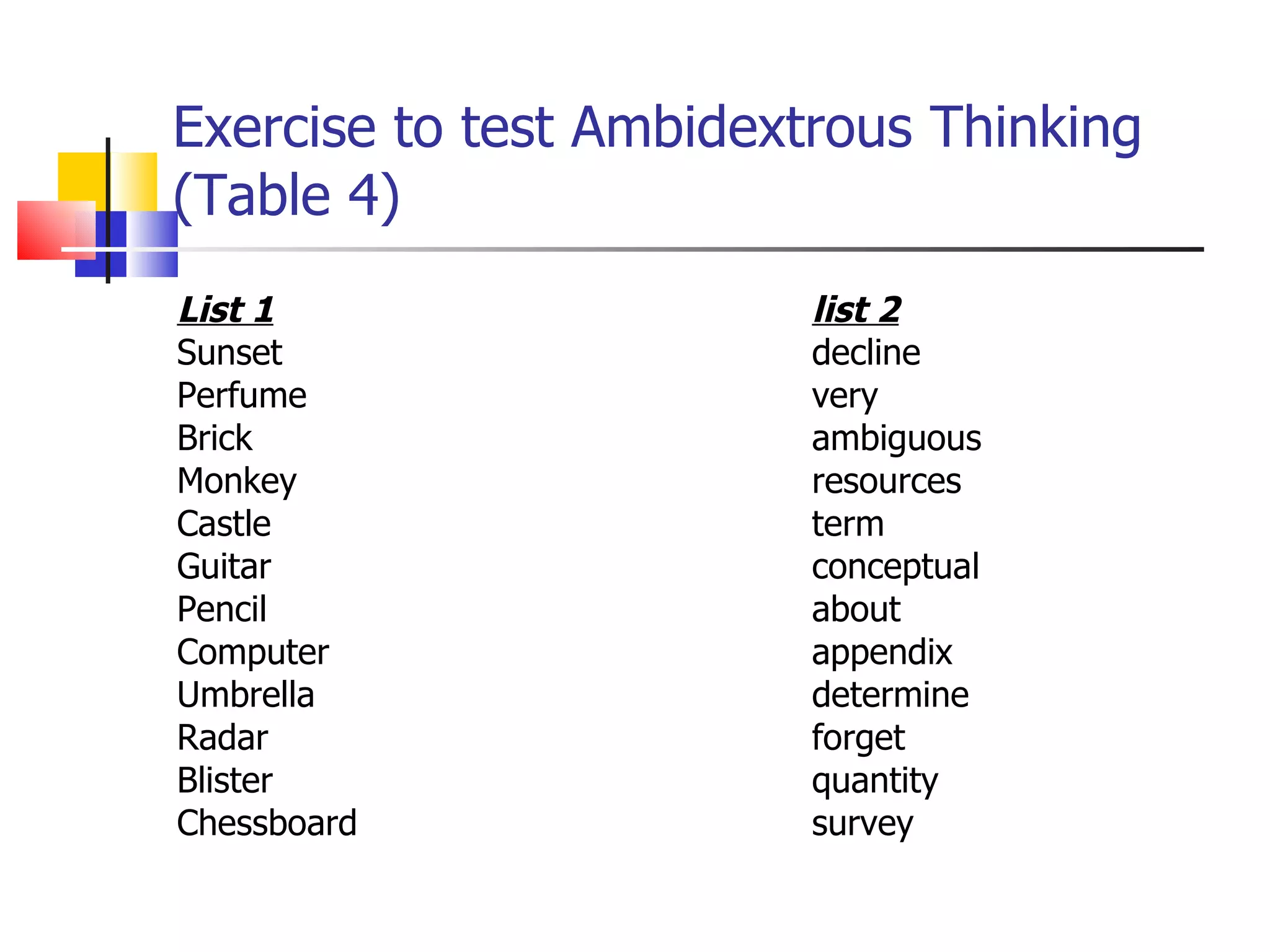 Exercise to test Ambidextrous Thinking (Table 4) List 1 list 2 Sunset decline Perfume very Brick ambiguous Monkey resources Castle term Guitar conceptual Pencil about Computer appendix Umbrella determine Radar forget Blister quantity Chessboard survey 