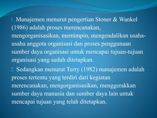 1. Manajemen menurut pengertian Stoner & Wankel
(1986) adalah proses merencanakan,
mengorganisasikan, memimpin, mengendalikan usaha-
usaha anggota organisasi dan proses penggunaan
sumber daya organisasi untuk mencapai tujuan-tujuan
organisasi yang sudah ditetapkan.
2. Sedangkan menurut Terry (1982) manajemen adalah
proses tertentu yang terdiri dari kegiatan
merencanakan, mengorganisasikan, menggerakkan
sumber daya manusia dan sumber daya lain untuk
mencapai tujuan yang telah ditetapkan.
 