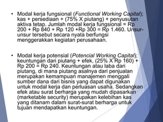 • Modal kerja fungsional (Functional Working Capital);
kas + persediaan + (75% X piutang) + penyusutan
aktiva tetap. Jumlah modal kerja fungsional = Rp
200 + Rp 840 + Rp 120 +Rp 300 = Rp 1.460. Unsur-
unsur tersebut secara nyata berfungsi
menggerakkan kegiatan perusahaan.
• Modal kerja potensial (Potencial Working Capital);
keuntungan dari piutang + efek, (25% X Rp 160) +
Rp 200 = Rp 240. Keuntungan atau laba dari
piutang, di mana piutang asalnya dari penjualan
merupakan kemampuan manajemen menggali
sumber dana dari bisnis yang dapat digunakan
untuk modal kerja dan perluasan usaha. Sedangkan
efek atau surat berharga yang mudah dipasarkan
(marketable security) merupakan kelebihan kas
yang ditanam dalam surat-surat berharga untuk
tujuan mendapatkan keuntungan.
 