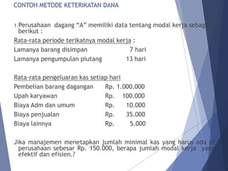 CONTOH METODE KETERIKATAN DANA
1.Perusahaan dagang “A” memiliki data tentang modal kerja sebagai
berikut :
Rata-rata periode terikatnya modal kerja :
Lamanya barang disimpan 7 hari
Lamanya pengumpulan piutang 13 hari
Rata-rata pengeluaran kas setiap hari
Pembelian barang dagangan Rp. 1.000.000
Upah karyawan Rp. 100.000
Biaya Adm dan umum Rp. 10.000
Biaya penjualan Rp. 35.000
Biaya lainnya Rp. 5.000
Jika manajemen menetapkan jumlah minimal kas yang harus ada di
perusahaan sebesar Rp. 150.000, berapa jumlah modal kerja yang
efektif dan efisien.?
 