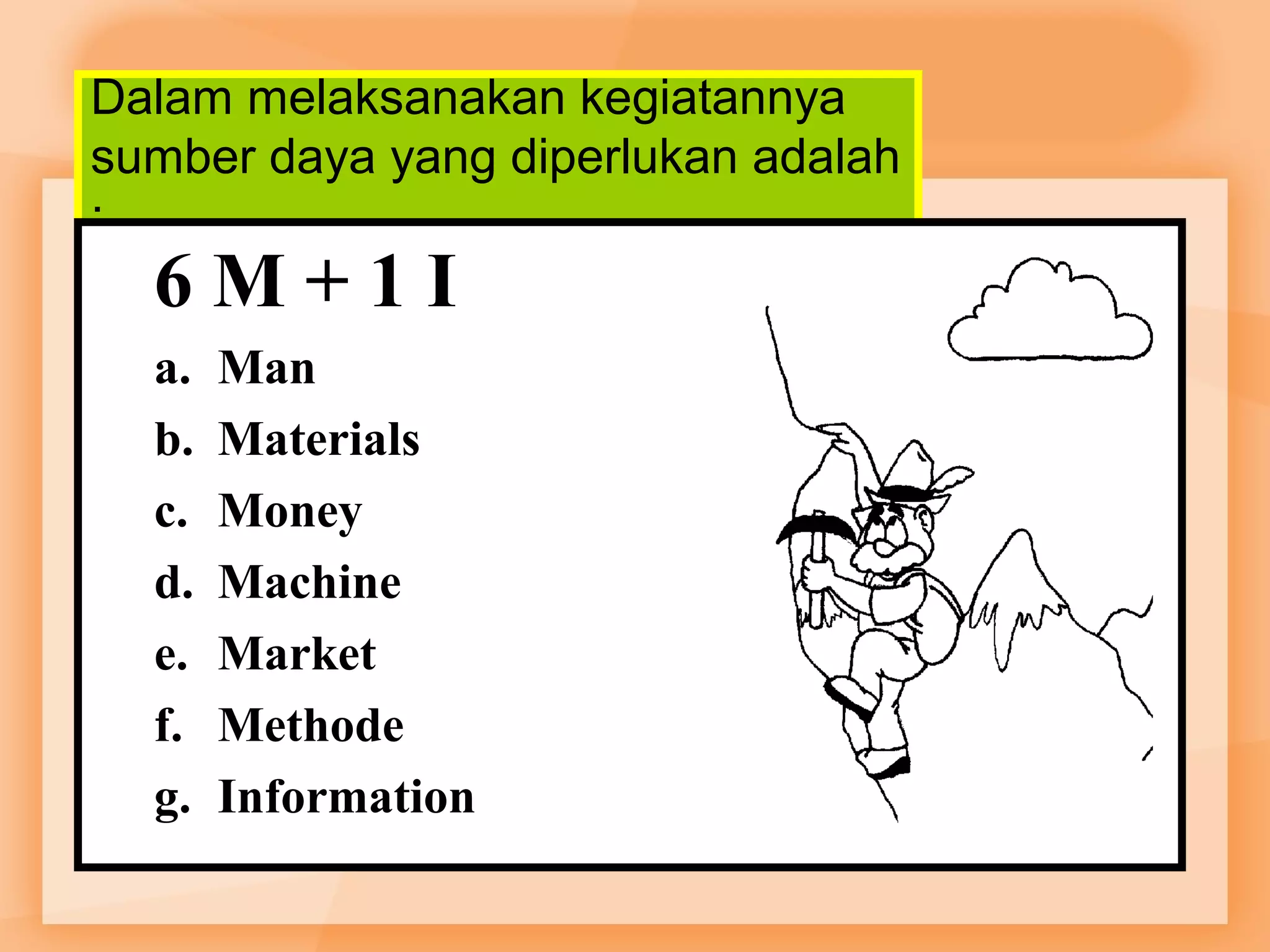 Dalam melaksanakan kegiatannya 
sumber daya yang diperlukan adalah 
: 
6 M + 1 I 
a. Man 
b. Materials 
c. Money 
d. Machine 
e. Market 
f. Methode 
g. Information 
 