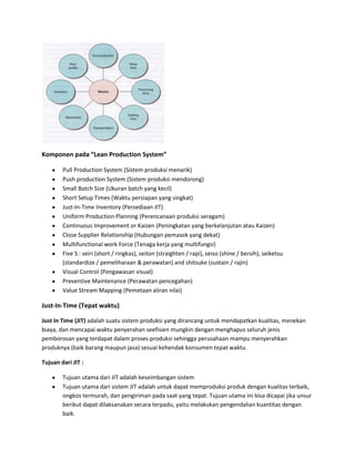 Komponen pada “Lean Production System”
Pull Production System (Sistem produksi menarik)
Push production System (Sistem produksi mendorong)
Small Batch Size (Ukuran batch yang kecil)
Short Setup Times (Waktu persiapan yang singkat)
Just-In-Time Inventory (Persediaan JIT)
Uniform Production Planning (Perencanaan produksi seragam)
Continuous Improvement or Kaizen (Peningkatan yang berkelanjutan atau Kaizen)
Close Supplier Relationship (Hubungan pemasok yang dekat)
Multifunctional work Force (Tenaga kerja yang multifungsi)
Five S : seiri (short / ringkas), seiton (straighten / rapi), seiso (shine / bersih), seiketsu
(standardize / pemeliharaan & perawatan) and shitsuke (sustain / rajin)
Visual Control (Pengawasan visual)
Preventive Maintenance (Perawatan pencegahan)
Value Stream Mapping (Pemetaan aliran nilai)
Just-In-Time (Tepat waktu)
Just In Time (JIT) adalah suatu sistem produksi yang dirancang untuk mendapatkan kualitas, menekan
biaya, dan mencapai waktu penyerahan seefisien mungkin dengan menghapus seluruh jenis
pemborosan yang terdapat dalam proses produksi sehingga perusahaan mampu menyerahkan
produknya (baik barang maupun jasa) sesuai kehendak konsumen tepat waktu.
Tujuan dari JIT :
Tujuan utama dari JIT adalah keseimbangan sistem
Tujuan utama dari sistem JIT adalah untuk dapat memproduksi produk dengan kualitas terbaik,
ongkos termurah, dan pengiriman pada saat yang tepat. Tujuan utama ini bisa dicapai jika unsur
berikut dapat dilaksanakan secara terpadu, yaitu melakukan pengendalian kuantitas dengan
baik.
 