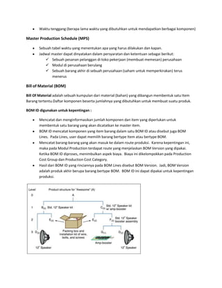Waktu tenggang (berapa lama waktu yang dibutuhkan untuk mendapatkan berbagai komponen)
Master Production Schedule (MPS)
Sebuah tabel waktu yang menentukan apa yang harus dilakukan dan kapan.
Jadwal master dapat dinyatakan dalam persyaratan dan ketentuan sebagai berikut:
 Sebuah pesanan pelanggan di toko pekerjaan (membuat memesan) perusahaan
 Modul di perusahaan berulang
 Sebuah barang akhir di sebuah perusahaan (saham untuk memperkirakan) terus
menerus
Bill of Material (BOM)
Bill Of Material adalah sebuah kumpulan dari material (bahan) yang dibangun membentuk satu Item
Barang tertentu.Daftar komponen beserta jumlahnya yang dibutuhkan untuk membuat suatu produk.
BOM ID digunakan untuk kepentingan :
Mencatat dan menginformasikan jumlah komponen dan item yang diperlukan untuk
membentuk satu barang yang akan dicatatkan ke master item.
BOM ID mencatat komponen yang item barang dalam satu BOM ID atau disebut juga BOM
Lines. Pada Lines, user dapat memilih barang bertype Item atau bertype BOM.
Mencatat barang-barang yang akan masuk ke dalam route produksi. Karena kepentingan ini,
maka pada Modul Production terdapat route yang menjelaskan BOM Version yang dipakai.
Ketika BOM ID diproses, menimbulkan aspek biaya. Biaya ini dikelompokkan pada Production
Cost Group dan Production Cost Category.
Hasil dari BOM ID yang rinciannya pada BOM Lines disebut BOM Version. Jadi, BOM Version
adalah produk akhir berupa barang bertype BOM. BOM ID ini dapat dipakai untuk kepentingan
produksi.
 