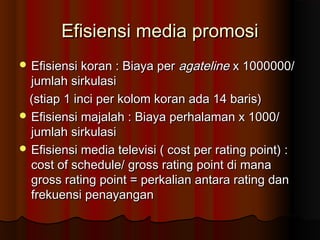EEffiissiieennssii mmeeddiiaa pprroommoossii 
EEffiissiieennssii kkoorraann :: BBiiaayyaa ppeerr aaggaatteelliinnee xx 11000000000000// 
jjuummllaahh ssiirrkkuullaassii 
((ssttiiaapp 11 iinnccii ppeerr kkoolloomm kkoorraann aaddaa 1144 bbaarriiss)) 
EEffiissiieennssii mmaajjaallaahh :: BBiiaayyaa ppeerrhhaallaammaann xx 11000000// 
jjuummllaahh ssiirrkkuullaassii 
EEffiissiieennssii mmeeddiiaa tteelleevviissii (( ccoosstt ppeerr rraattiinngg ppooiinntt)) :: 
ccoosstt ooff sscchheedduullee// ggrroossss rraattiinngg ppooiinntt ddii mmaannaa 
ggrroossss rraattiinngg ppooiinntt == ppeerrkkaalliiaann aannttaarraa rraattiinngg ddaann 
ffrreekkuueennssii ppeennaayyaannggaann 
 