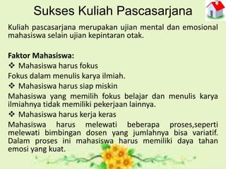 Sukses Kuliah Pascasarjana
Kuliah pascasarjana merupakan ujian mental dan emosional
mahasiswa selain ujian kepintaran otak.
Faktor Mahasiswa:
 Mahasiswa harus fokus
Fokus dalam menulis karya ilmiah.
 Mahasiswa harus siap miskin
Mahasiswa yang memilih fokus belajar dan menulis karya
ilmiahnya tidak memiliki pekerjaan lainnya.
 Mahasiswa harus kerja keras
Mahasiswa harus melewati beberapa proses,seperti
melewati bimbingan dosen yang jumlahnya bisa variatif.
Dalam proses ini mahasiswa harus memiliki daya tahan
emosi yang kuat.
 