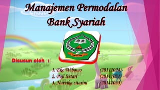 Manajemen Permodalan
Bank Syariah
Disusun oleh :

1. Eko Wibowo
2. Puji lestari
3. Nurvika sitarini

(20111024)
(20111031)
(20111033)

 