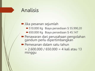 Analisis
Jika pesanan sejumlah
510.000 Kg Biaya persediaan $ 55.990,20
650.000 Kg Biaya persediaan $ 45.147
Penawaran dari perusahaan pengolahan
gandum perlu dipertimbangkan
Pemesanan dalam satu tahun
= 2.600.000 / 650.000 = 4 kali atau 13
minggu
 