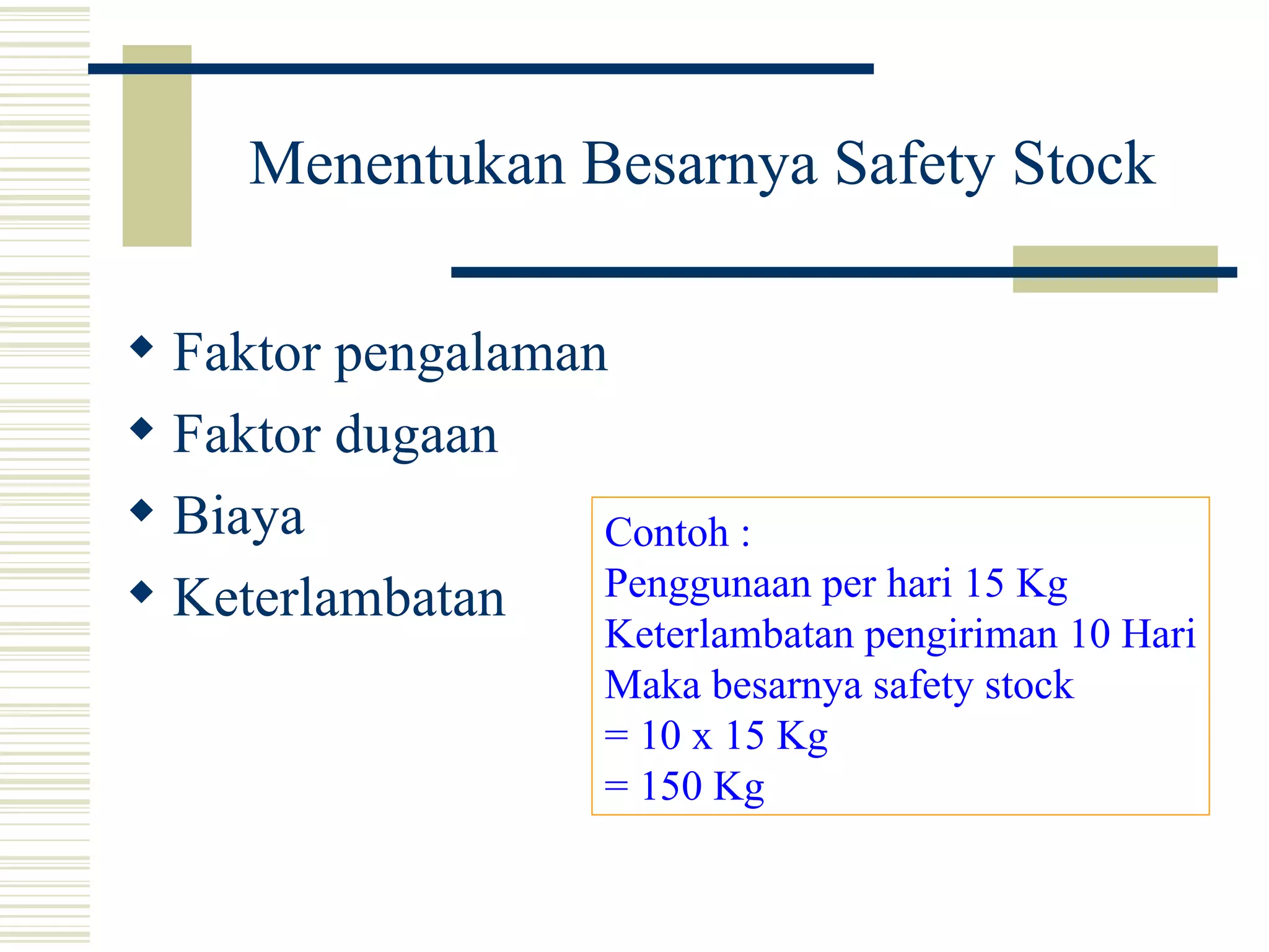 Menentukan Besarnya Safety Stock Faktor pengalaman Faktor dugaan Biaya Keterlambatan Contoh : Penggunaan per hari 15 Kg Keterlambatan pengiriman 10 Hari Maka besarnya safety stock = 10 x 15 Kg = 150 Kg 