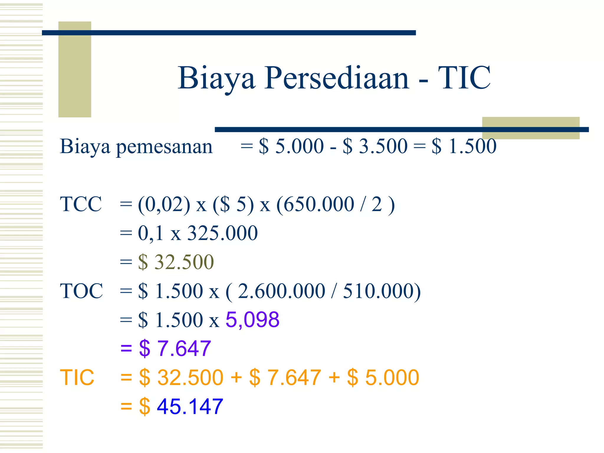Biaya Persediaan - TIC Biaya pemesanan  = $ 5.000 - $ 3.500 = $ 1.500 TCC  = (0,02) x ($ 5) x (650.000 / 2 ) = 0,1 x 325.000 =  $ 32.500 TOC = $ 1.500 x ( 2.600.000 / 510.000) = $ 1.500 x  5,098 = $ 7.647 TIC  = $ 32.500 + $ 7.647 + $ 5.000 = $  45.147 