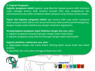 2. Program Pengayaan
Kegiatan pengayaan adalah kegiatan yang diberikan kepada peserta didik kelompok
cepat sehingga peserta didik tersebut menjadi lebih kaya pengetahuan dan
keterampilannya atau lebih mendalami bahan pelajaran yang sedang mereka pelajari.

Tujuan dari kegiatan pengayaan adalah agar peserta didik yang sudah menguasai
bahan pelajaran lebih dahulu dari teman-temannya tidak berehnti perkembangannya,
dengan mengisi waktu kelebihannya dengan melakukan kegiatanlain.
Strategi kegiatan pengayaan dapat dilakukan dengan dua cara, yaitu :
a. kegiatan pengayaan yang berhubungan dengan topik modul pokok
b. kegiatan pengayaan yang tidak berhubungan dengan topik modul pokok
kegiatan penilaian, melalui dua cara, yaitu :
a. digabungkan dengan nilai modul pokok, dihitung dalam satuan kredit atau bobot
tertentu
b. dipisahkan dari nilai pokok sehingga terdapat dua nilai.

H

3 4

5

6

7

8

 