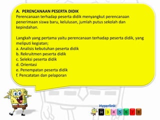 A. PERENCANAAN PESERTA DIDIK
Perencanaan terhadap peserta didik menyangkut perencanaan
penerimaan siswa baru, kelulusan, jumlah putus sekolah dan
kepindahan.

Langkah yang pertama yaitu perencanaan terhadap peserta didik, yang
meliputi kegiatan;
a. Analisis kebutuhan peserta didik
b. Rekruitmen peserta didik
c. Seleksi peserta didik
d. Orientasi
e. Penempatan peserta didik
f. Pencatatan dan pelaporan

H

3 4

5

6

7

8

 