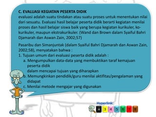 C. EVALUASI KEGIATAN PESERTA DIDIK
evaluasi adalah suatu tindakan atau suatu proses untuk menentukan nilai
dari sesuatu. Evaluasi hasil belajar peserta didik berarti kegiatan menilai
proses dan hasil belajar siswa baik yang berupa kegiatan kurikuler, kokurikuler, maupun ekstrakurikuler. (Wand dan Brown dalam Syaiful Bahri
Djamarah dan Aswan Zain, 2002;57)
Pasaribu dan Simanjuntak (dalam Syaiful Bahri Djamarah dan Aswan Zain,
2002;58), menyatakan bahwa :
1. Tujuan umum dari evaluasi peserta didik adalah :
a. Mengumpulkan data-data yang membuktikan taraf kemajuan
peserta didik
dalam mencapai tujuan yang diharapkan
b. Memungkinkan pendidik/guru menilai aktifitas/pengalaman yang
didapat
c. Menilai metode mengajar yang digunakan

H

3 4

5

6

7

8

 