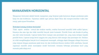 MANAJEMEN HORIZONTAL
Manajemen horisontal adalah bentuk manajemen yang berpusat pada karyawan dengan penekanan pada
kerja tim dan kolaborasi. Tujuannya adalah agar pekerja dapat fokus dan menginvestasikan waktu dan
energi pada tujuan Perusahaan.
Deskripsi tentang struktur horizontal
Tidak seperti struktur vertical dan struktur matriks, struktur horizontal memiliki lebih sedikit lapisan,
biasanya dua atau tiga dan tidak memiliki banyak rantai komando. Pemilik bisnis ada berada di paling
atas dari rantai komando. Lapisan kedua berisi manajer atau pemimpin tim, yang mana melapor kepada
pemilik bisnis. Lapisan ketiga berisi anggota tim yang diawasi oleh manajer atau pemimpin tim. Struktur
ini telah menghilangkan banyak level manajemen menengah, sehingga dapat dianggap sebagai karyawan
yang terpusat dengan penekanan pada kerja tim dan kolaborasi.Karena struktur lebih sederhana, banyak
organisasi memilih untuk menerapkan model horizontal, terutama beberapa perusahaan kecil yang
memulai pada tahap awal.
 
