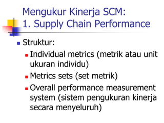 Mengukur Kinerja SCM:
1. Supply Chain Performance
 Struktur:
 Individual metrics (metrik atau unit
ukuran individu)
 Metrics sets (set metrik)
 Overall performance measurement
system (sistem pengukuran kinerja
secara menyeluruh)
 