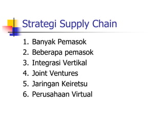 Strategi Supply Chain
1. Banyak Pemasok
2. Beberapa pemasok
3. Integrasi Vertikal
4. Joint Ventures
5. Jaringan Keiretsu
6. Perusahaan Virtual
 