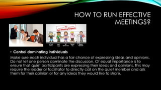 HOW TO RUN EFFECTIVE 
MEETINGS? 
• Control dominating individuals 
Make sure each individual has a fair chance of expressing ideas and opinions. 
Do not let one person dominate the discussion. Of equal importance is to 
ensure that quiet participants are expressing their ideas and opinions. This may 
require the leader or facilitator to directly call on the quiet member and ask 
them for their opinion or for any ideas they would like to share. 
 