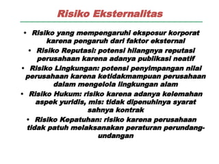 Risiko Eksternalitas
• Risiko yang mempengaruhi eksposur korporat
karena pengaruh dari faktor eksternal
• Risiko Reputasi: potensi hilangnya reputasi
perusahaan karena adanya publikasi neatif
• Risiko Lingkungan: potensi penyimpangan nilai
perusahaan karena ketidakmampuan perusahaan
dalam mengelola lingkungan alam
• Risiko Hukum: risiko karena adanya kelemahan
aspek yuridis, mis: tidak dipenuhinya syarat
sahnya kontrak
• Risiko Kepatuhan: risiko karena perusahaan
tidak patuh melaksanakan peraturan perundang-
undangan
 