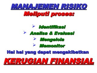 MANAJEMEN RISIKO
MANAJEMEN RISIKO
Meliputi proses:
Meliputi proses:
 Identifikasi
Identifikasi
 Analisa & Evaluasi
Analisa & Evaluasi
 Mengelola
Mengelola
 Memonitor
Memonitor
Hal hal yang dapat mengakibatkan
Hal hal yang dapat mengakibatkan
KERUGIAN FINANSIAL
KERUGIAN FINANSIAL
 