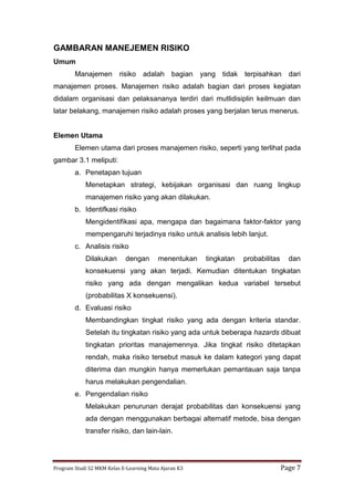 Program Studi S2 MKM Kelas E-Learning Mata Ajaran K3 Page 7
GAMBARAN MANEJEMEN RISIKO
Umum
Manajemen risiko adalah bagian yang tidak terpisahkan dari
manajemen proses. Manajemen risiko adalah bagian dari proses kegiatan
didalam organisasi dan pelaksananya terdiri dari mutlidisiplin keilmuan dan
latar belakang, manajemen risiko adalah proses yang berjalan terus menerus.
Elemen Utama
Elemen utama dari proses manajemen risiko, seperti yang terlihat pada
gambar 3.1 meliputi:
a. Penetapan tujuan
Menetapkan strategi, kebijakan organisasi dan ruang lingkup
manajemen risiko yang akan dilakukan.
b. Identifkasi risiko
Mengidentifikasi apa, mengapa dan bagaimana faktor-faktor yang
mempengaruhi terjadinya risiko untuk analisis lebih lanjut.
c. Analisis risiko
Dilakukan dengan menentukan tingkatan probabilitas dan
konsekuensi yang akan terjadi. Kemudian ditentukan tingkatan
risiko yang ada dengan mengalikan kedua variabel tersebut
(probabilitas X konsekuensi).
d. Evaluasi risiko
Membandingkan tingkat risiko yang ada dengan kriteria standar.
Setelah itu tingkatan risiko yang ada untuk beberapa hazards dibuat
tingkatan prioritas manajemennya. Jika tingkat risiko ditetapkan
rendah, maka risiko tersebut masuk ke dalam kategori yang dapat
diterima dan mungkin hanya memerlukan pemantauan saja tanpa
harus melakukan pengendalian.
e. Pengendalian risiko
Melakukan penurunan derajat probabilitas dan konsekuensi yang
ada dengan menggunakan berbagai alternatif metode, bisa dengan
transfer risiko, dan lain-lain.
 