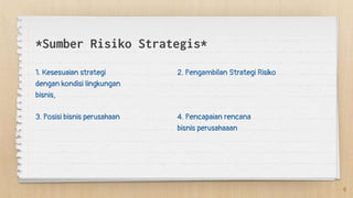 *Sumber Risiko Strategis*
1. Kesesuaian strategi
dengan kondisi lingkungan
bisnis,
2. Pengambilan Strategi Risiko
3. Posisi bisnis perusahaan
6
4. Pencapaian rencana
bisnis perusahaaan
 