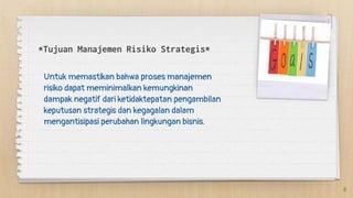*Tujuan Manajemen Risiko Strategis*
Untuk memastikan bahwa proses manajemen
risiko dapat meminimalkan kemungkinan
dampak negatif dari ketidaktepatan pengambilan
keputusan strategis dan kegagalan dalam
mengantisipasi perubahan lingkungan bisnis.
8
 