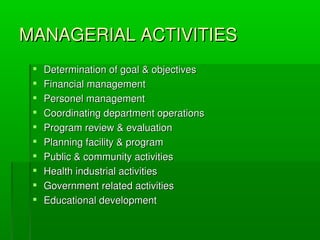MANAGERIALACTIVITIESMANAGERIALACTIVITIES
 Determinationofgoal&objectivesDeterminationofgoal&objectives
 FinancialmanagementFinancialmanagement
 PersonelmanagementPersonelmanagement
 CoordinatingdepartmentoperationsCoordinatingdepartmentoperations
 Programreview&evaluationProgramreview&evaluation
 Planningfacility&programPlanningfacility&program
 Public&communityactivitiesPublic&communityactivities
 HealthindustrialactivitiesHealthindustrialactivities
 GovernmentrelatedactivitiesGovernmentrelatedactivities
 EducationaldevelopmentEducationaldevelopment
 