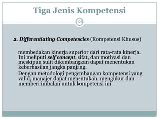 125 
2.Differentiating Competencies(Kompetensi Khusus) 
membedakan kinerja superior dari rata-rata kinerja. Ini meliputi self concept, sifat, dan motivasi dan meskipun sulit dikembangkan dapat menentukan keberhasilan jangka panjang. 
Dengan metodologi pengembangan kompetensi yang valid, manajer dapat menentukan, mengukur dan memberi imbalan untuk kompetensi ini. 
Tiga Jenis Kompetensi  