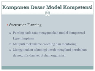 139 
Succession Planning 
Penting pada saat menggunakan model kompetensi kepemimpinan 
Meliputi mekanisme coaching dan mentoring 
Menggunakan teknologi untuk mengikuti perubahan demografis dan kebutuhan organsiasi 
KomponenDasarModel Kompetensi  