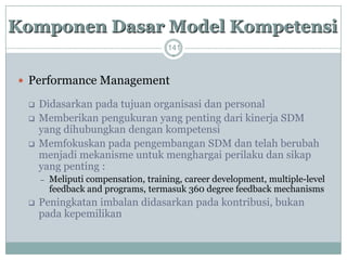 141 
Performance Management 
Didasarkan pada tujuan organisasi dan personal 
Memberikan pengukuran yang penting dari kinerja SDM yang dihubungkan dengan kompetensi 
Memfokuskan pada pengembangan SDM dan telah berubah menjadi mekanisme untuk menghargai perilaku dan sikap yang penting : 
Meliputicompensation, training, career development, multiple-level feedback and programs, termasuk 360 degree feedback mechanisms 
Peningkatan imbalandidasarkan pada kontribusi, bukan pada kepemilikanKomponenDasarModel Kompetensi  