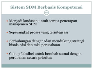 Sistem SDM Berbasis Kompetensi 
144 
Menjadi landasan untuk semua penerapan manajemen SDM 
Seperangkat proses yang terintegrasi 
Berhubungan dengan/dan mendukung strategi bisnis, visi dan misi perusahaan 
Cukup fleksibel untuk berubah sesuai dengan perubahan secara prioritas  