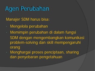 Agen Perubahan 
Manajer SDM harus bisa: 
Mengelola perubahan 
Memimpin perubahan di dalam fungsi 
SDM dengan mengembangkan komunikasi 
problem-solving dan skill mempengaruhi 
orang 
Menghargai proses penciptaan, sharing 
dan penyebaran pengetahuan  