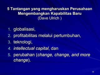 36 
5 Tantangan yang mengharuskan Perusahaan Mengembangkan Kapabilitas Baru(Dave Ulrich ) 
1.globalisasi, 
2.profitabilitas melalui pertumbuhan, 
3.teknologi, 
4.intellectual capital, dan 
5.perubahan (change, change, and more change).  